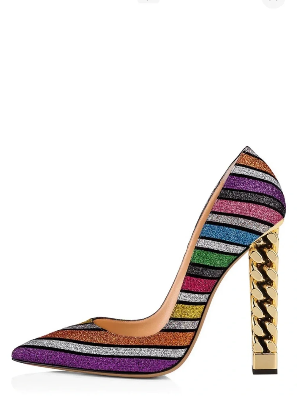 FSJ Rainbow Glitter Stripes Pumps with Gold Sculptural Heel - Picture 4 of 9